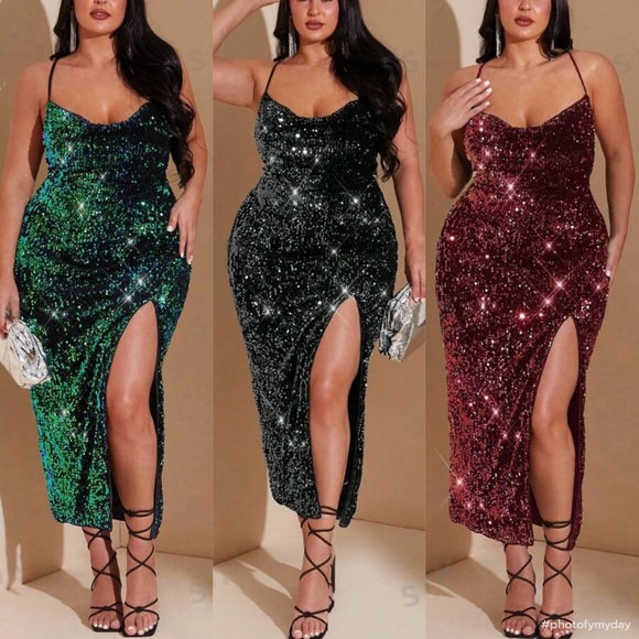 Dresses & Skirts - Luxe Velvet Sequin Side Slit Criss Cross Holiday Evening Wedding Dress Black